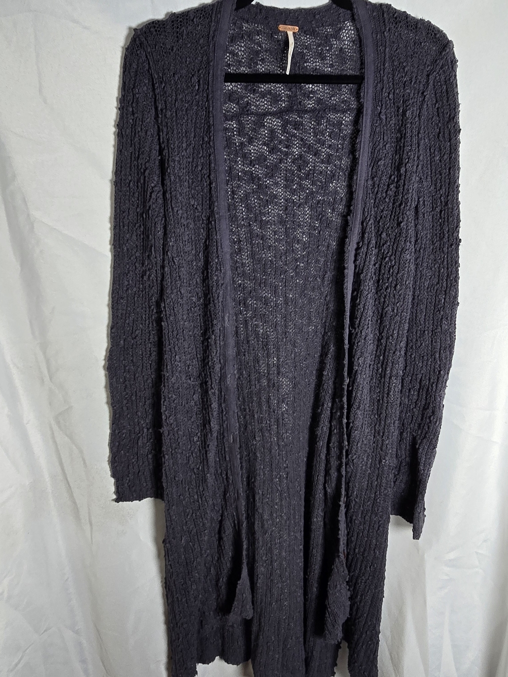 Free People Blue Button Front Longline Duster Cardigan Open Boucle Knit, Sz S